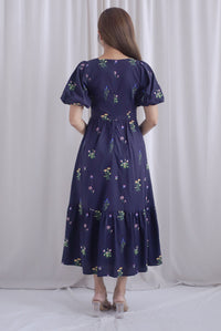 Mosley Floral Stalk Embro Puffy Sleeve Dress In Navy Blue