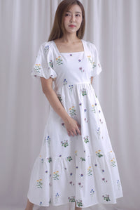 Mosley Floral Stalk Embro Puffy Sleeve Dress In White