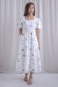 Mosley Floral Stalk Embro Puffy Sleeve Dress In White
