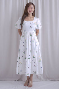 Mosley Floral Stalk Embro Puffy Sleeve Dress In White