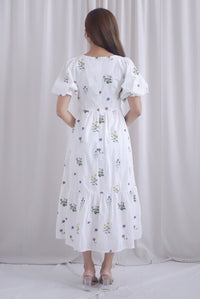 Mosley Floral Stalk Embro Puffy Sleeve Dress In White