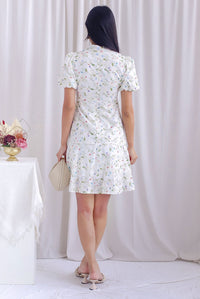 Nico Floral Eyelet Oriental Collar Sleeved Dress In White