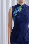 Omie Embro Floral Lace Cheongsam Dress In Navy Blue