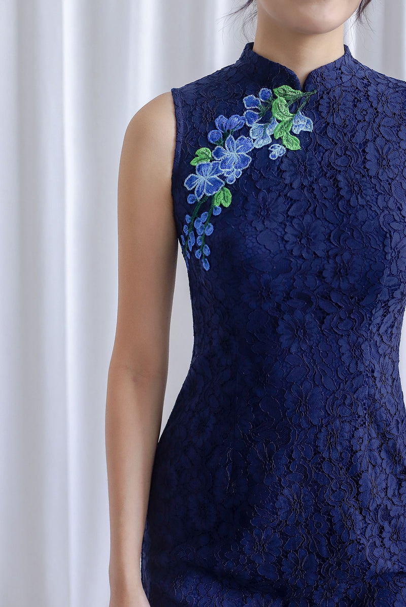 Omie Embro Floral Lace Cheongsam Dress In Navy Blue