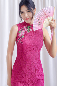 Omie Embro Floral Lace Cheongsam Dress In Fuschia