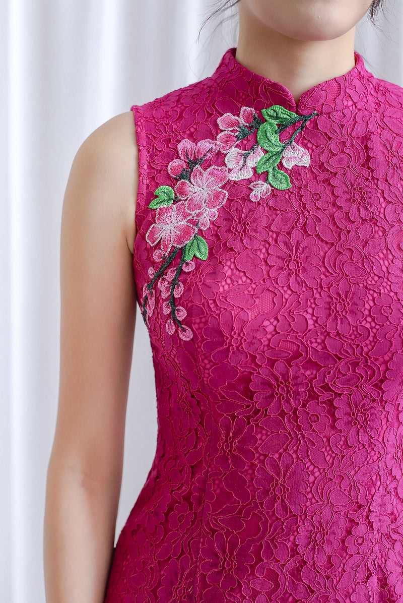 Omie Embro Floral Lace Cheongsam Dress In Fuschia