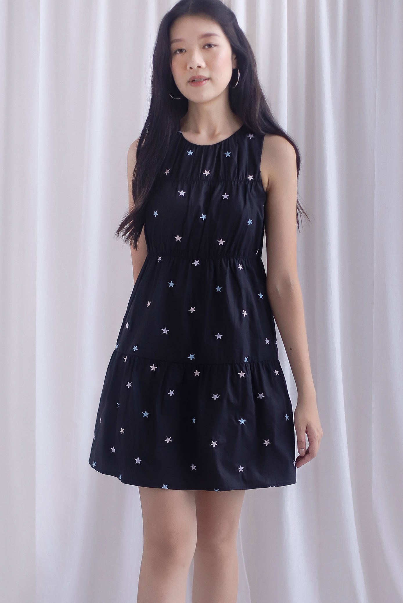 Omoiyari Star Embro Tier Babydoll Dress In Black
