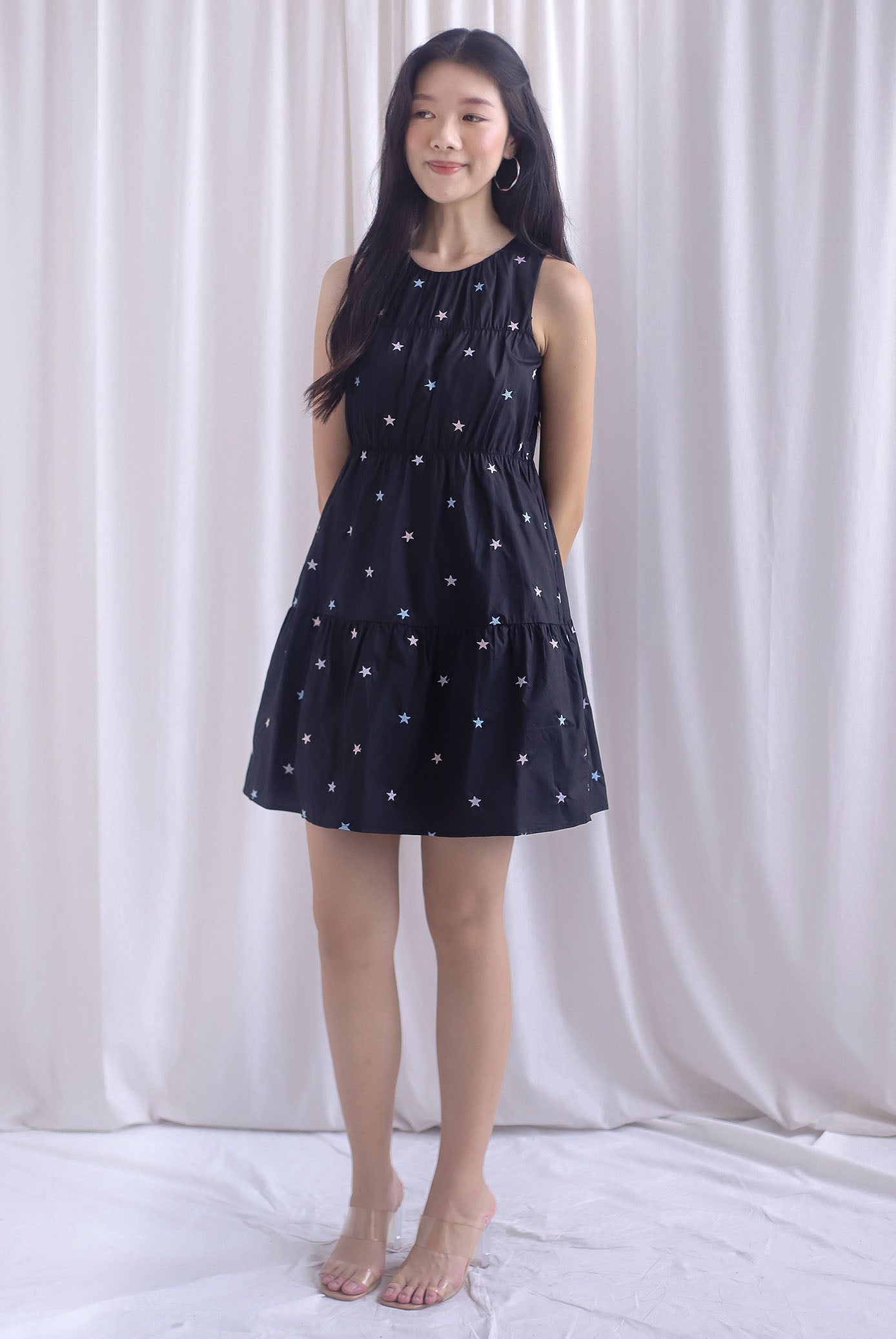 Omoiyari Star Embro Tier Babydoll Dress In Black