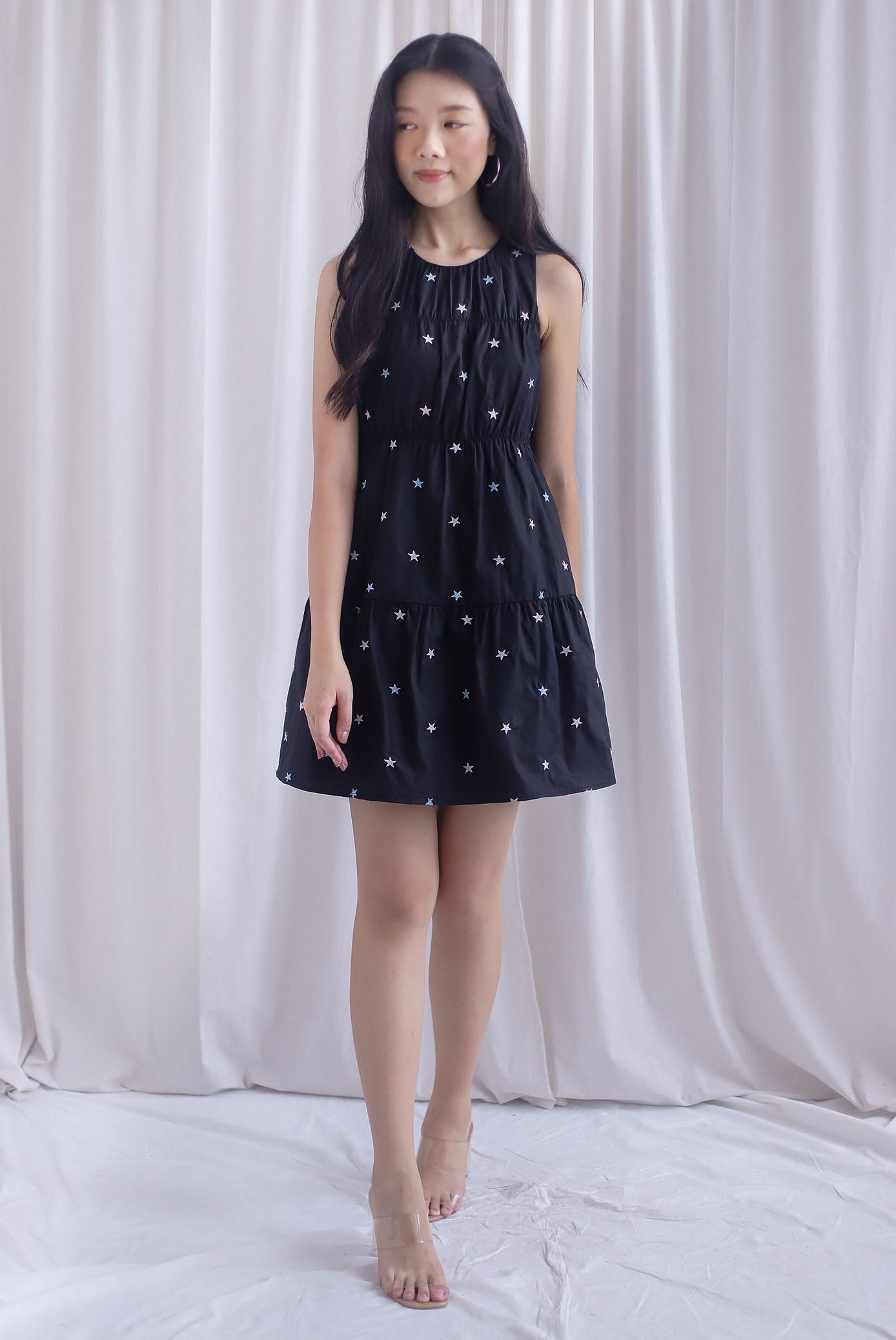 Omoiyari Star Embro Tier Babydoll Dress In Black