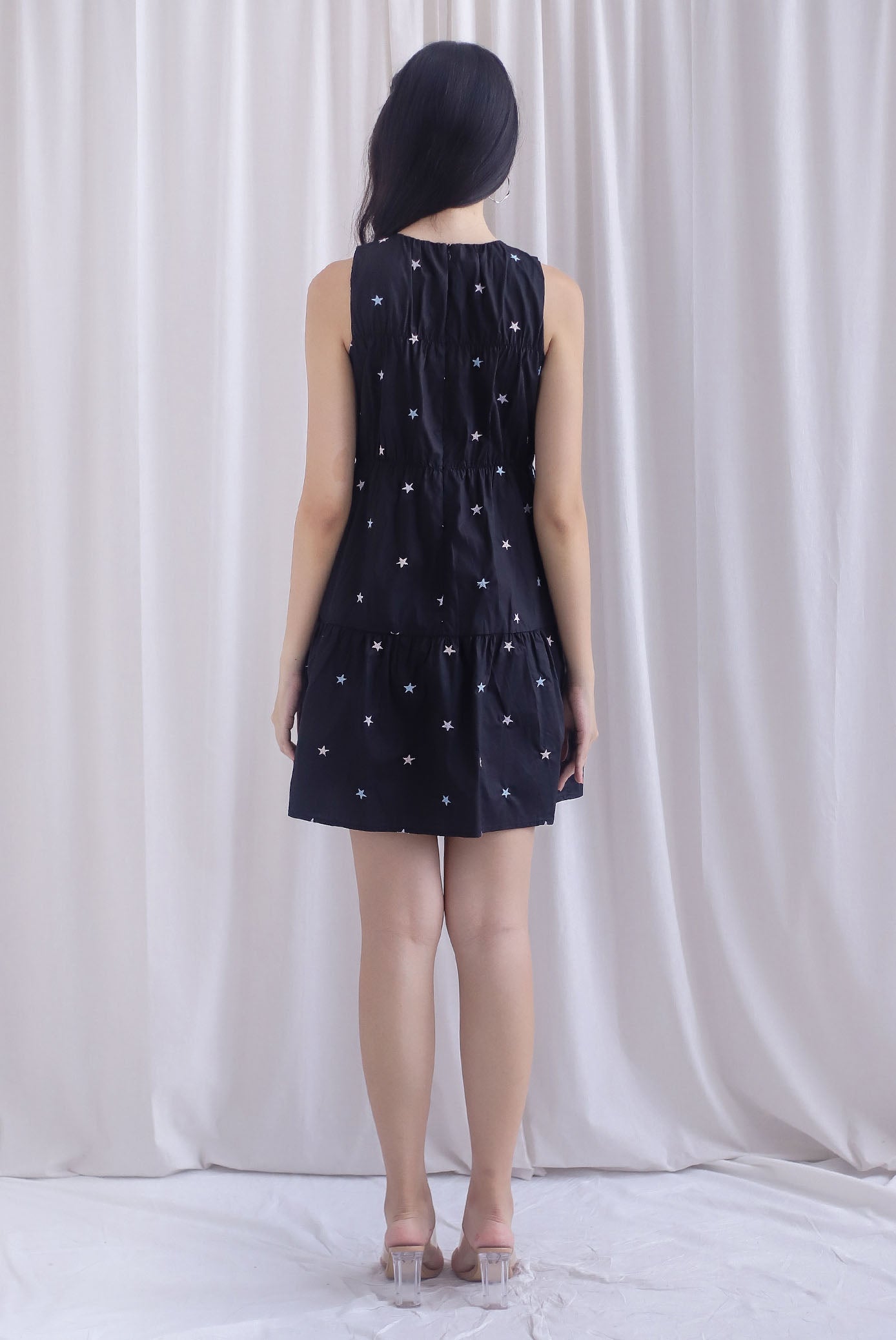 Omoiyari Star Embro Tier Babydoll Dress In Black