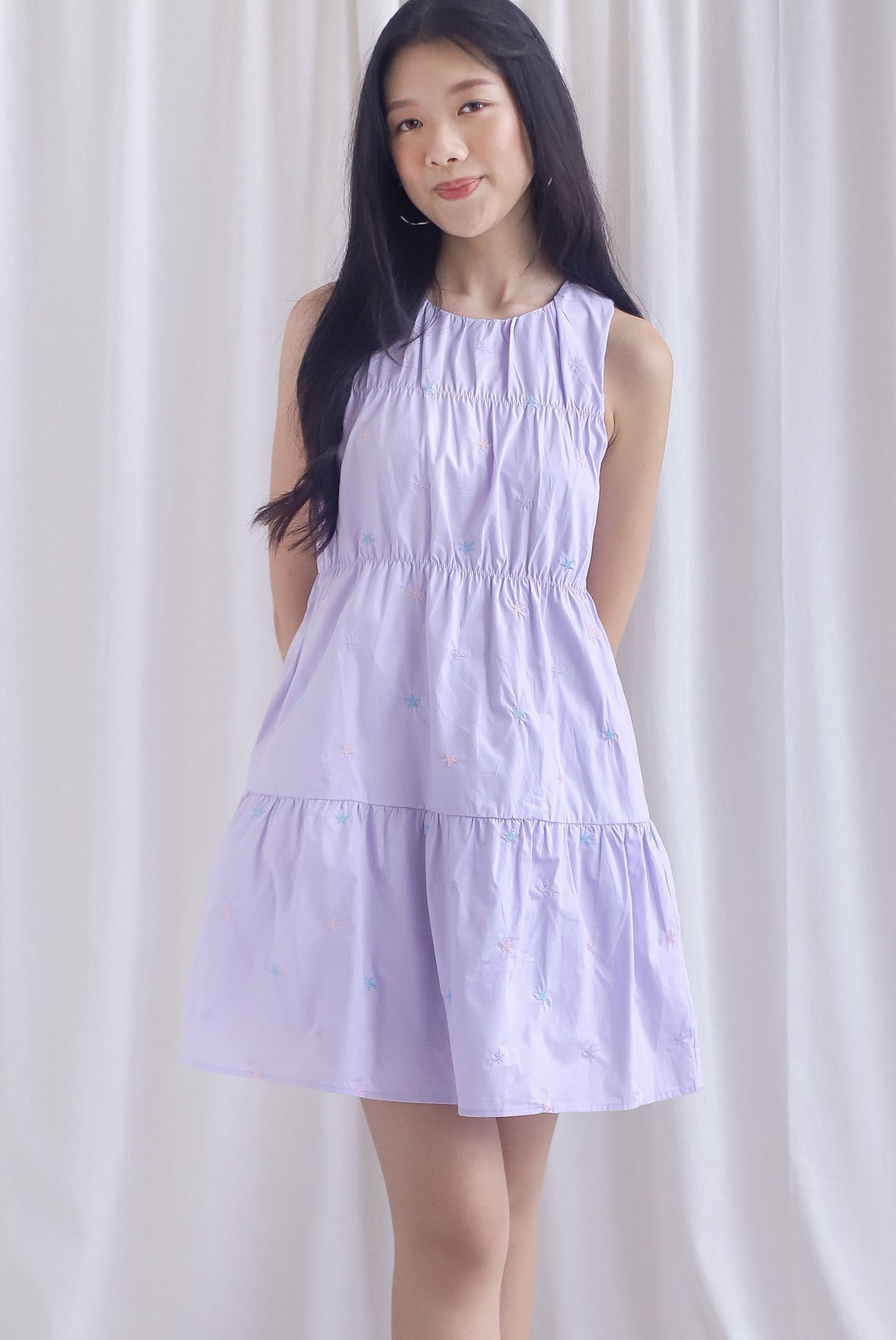 Omoiyari Star Embro Tier Babydoll Dress In Lilac