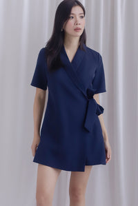 Oren Lape Collar Wrap Overlap Romper In Navy Blue