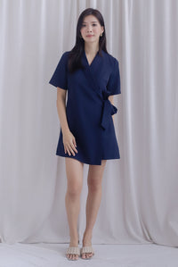 Oren Lape Collar Wrap Overlap Romper In Navy Blue