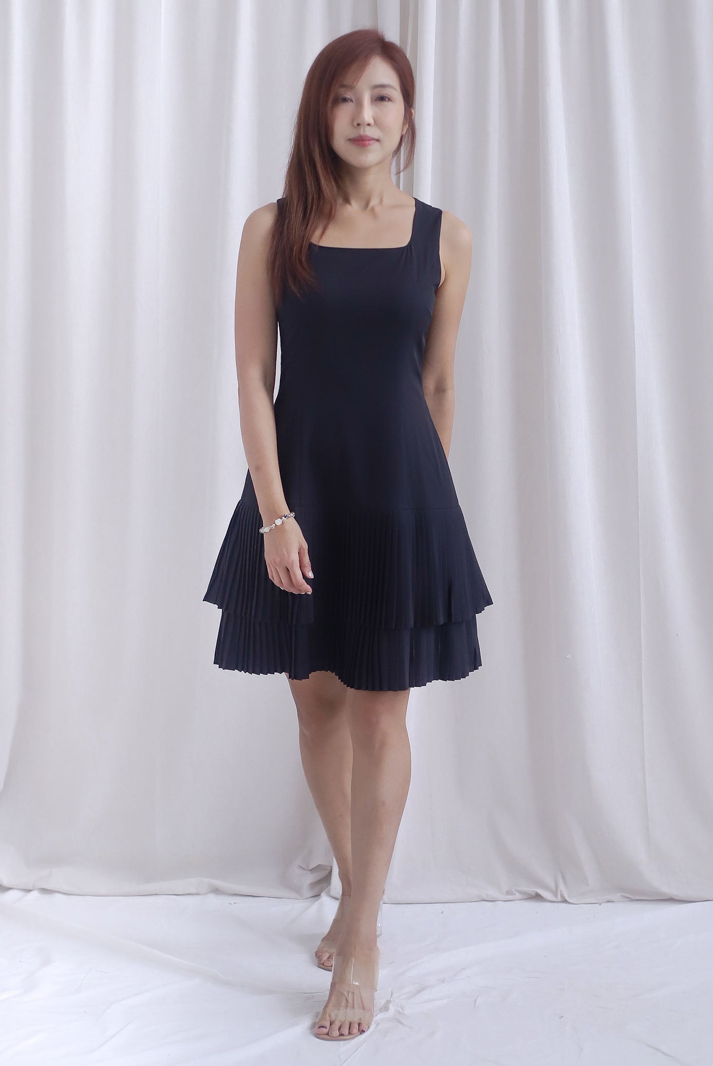 Paddington Double Pleat Tier Aline Dress In Black