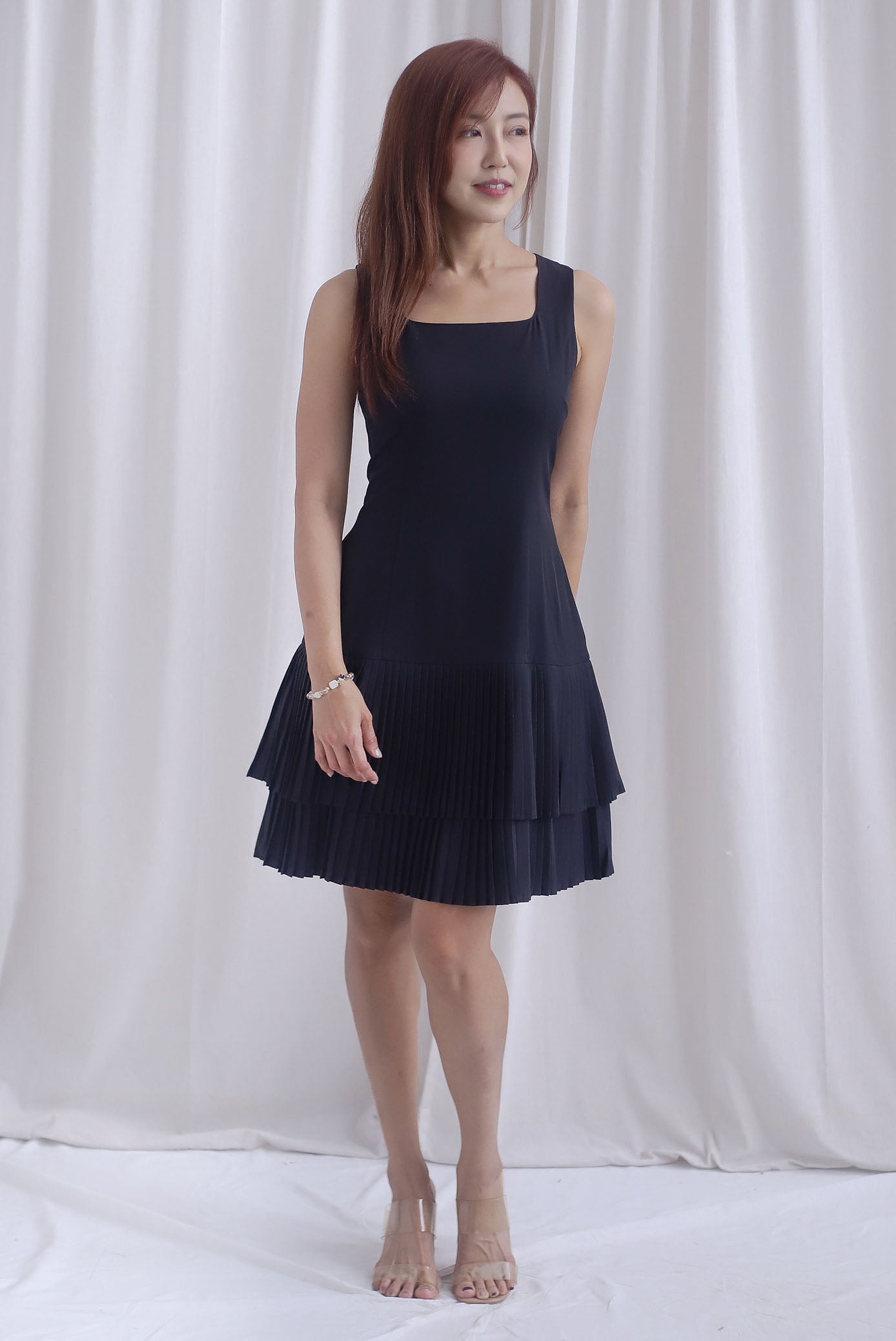 Paddington Double Pleat Tier Aline Dress In Black