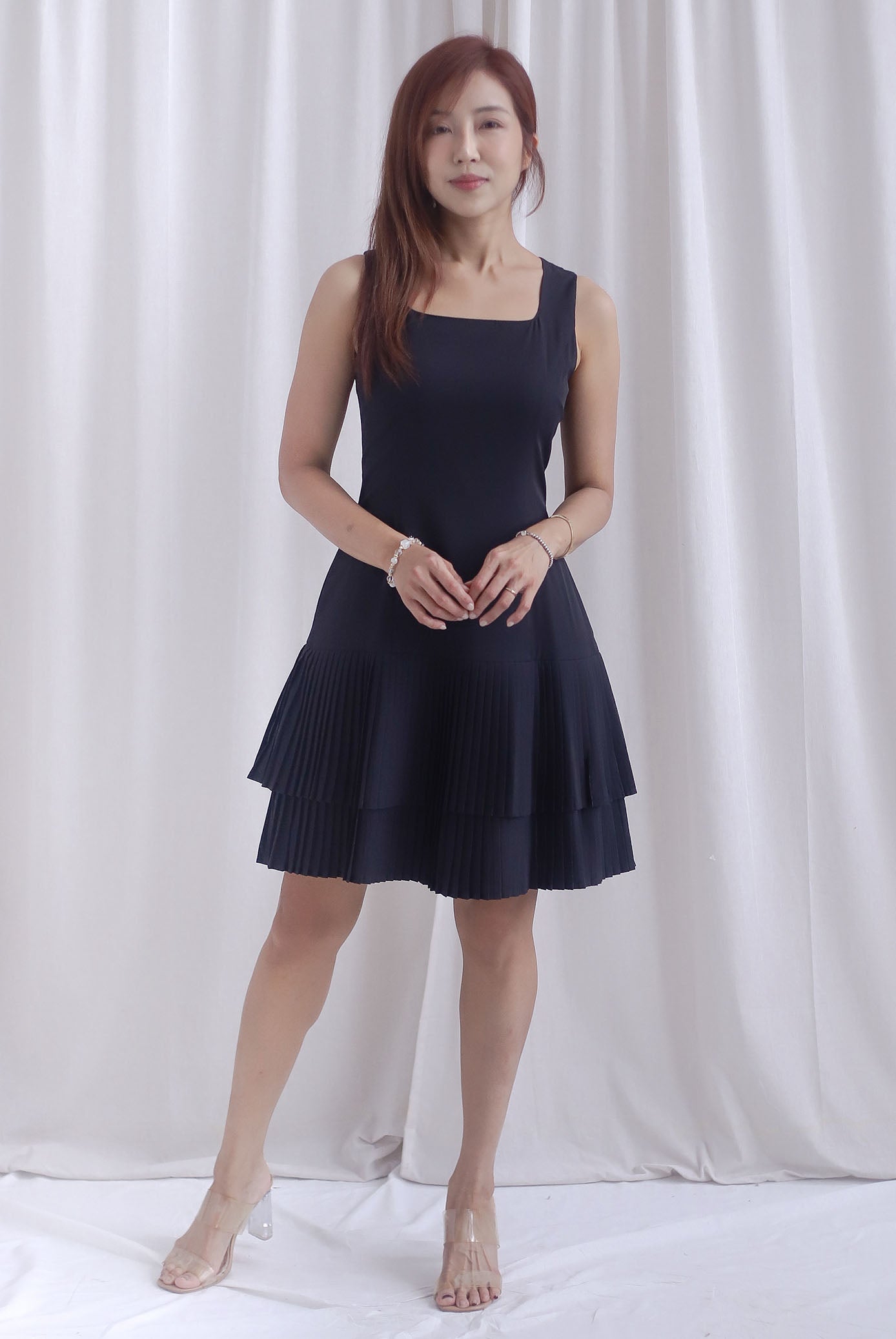 Paddington Double Pleat Tier Aline Dress In Black