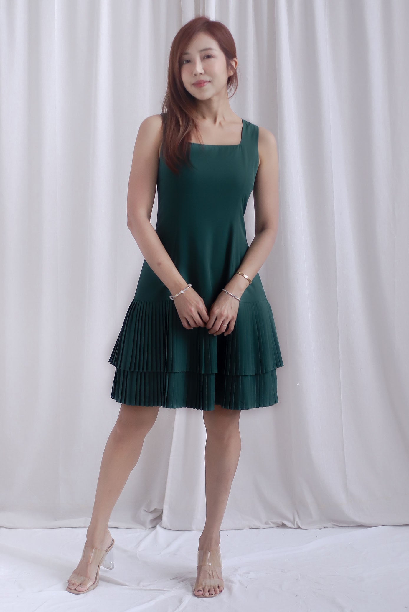Paddington Double Pleat Tier Aline Dress In Forest Green