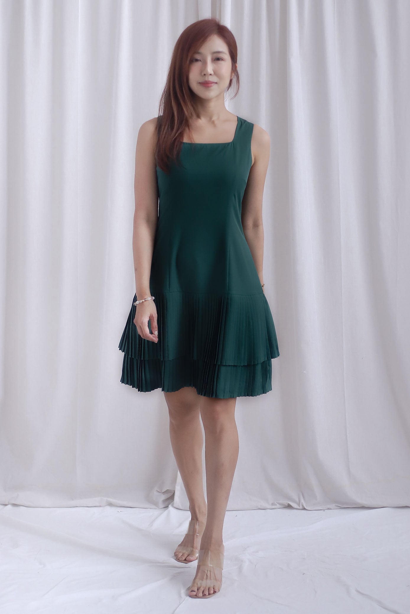 Paddington Double Pleat Tier Aline Dress In Forest Green
