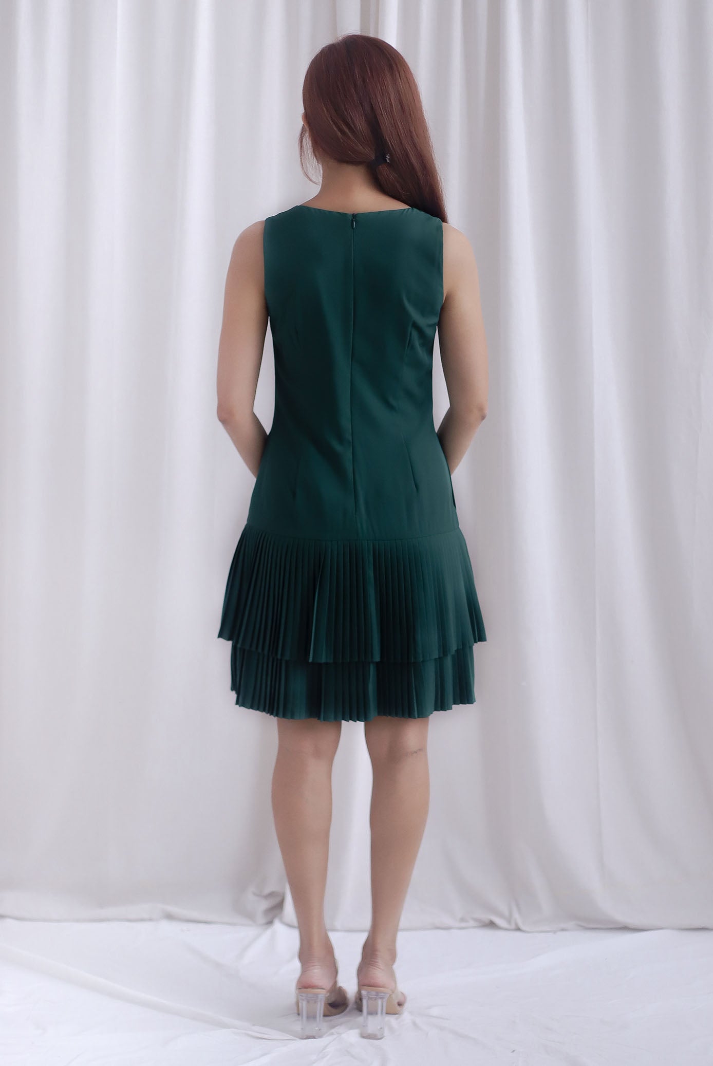 Paddington Double Pleat Tier Aline Dress In Forest Green