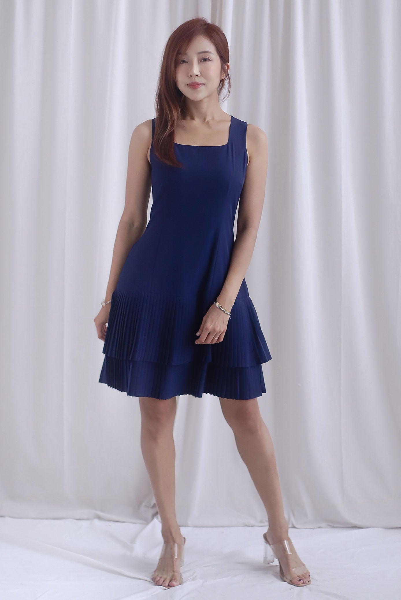 Paddington Double Pleat Tier Aline Dress In Navy Blue