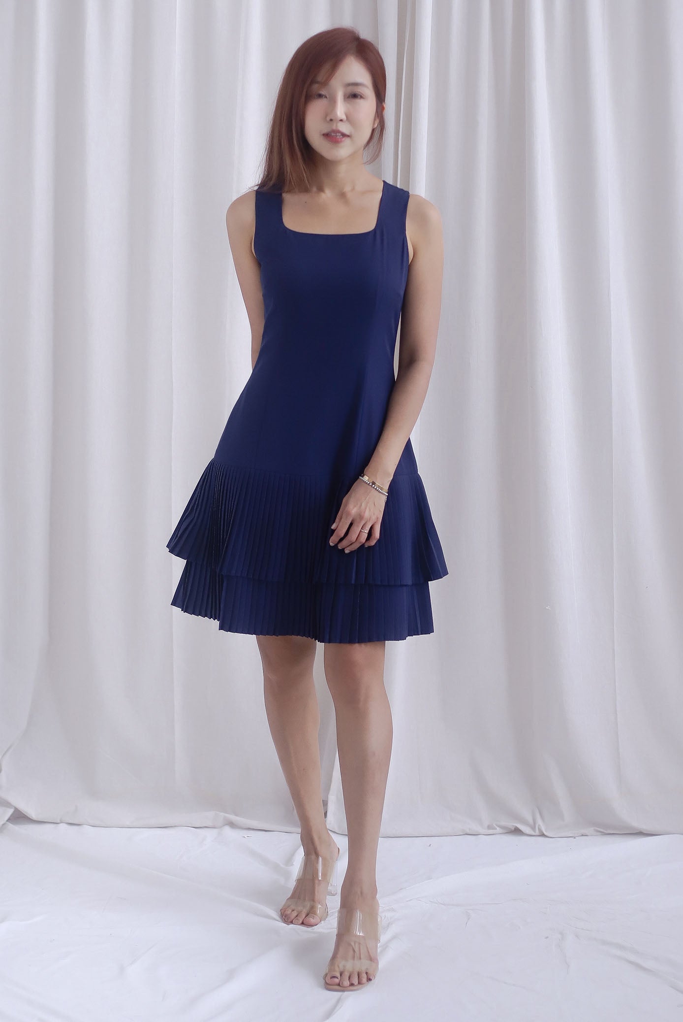 Paddington Double Pleat Tier Aline Dress In Navy Blue