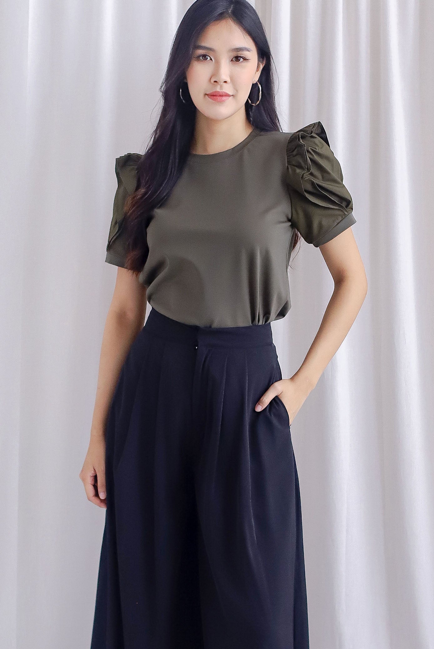 Paige Ruffle Puffy Sleeve Top In Olive