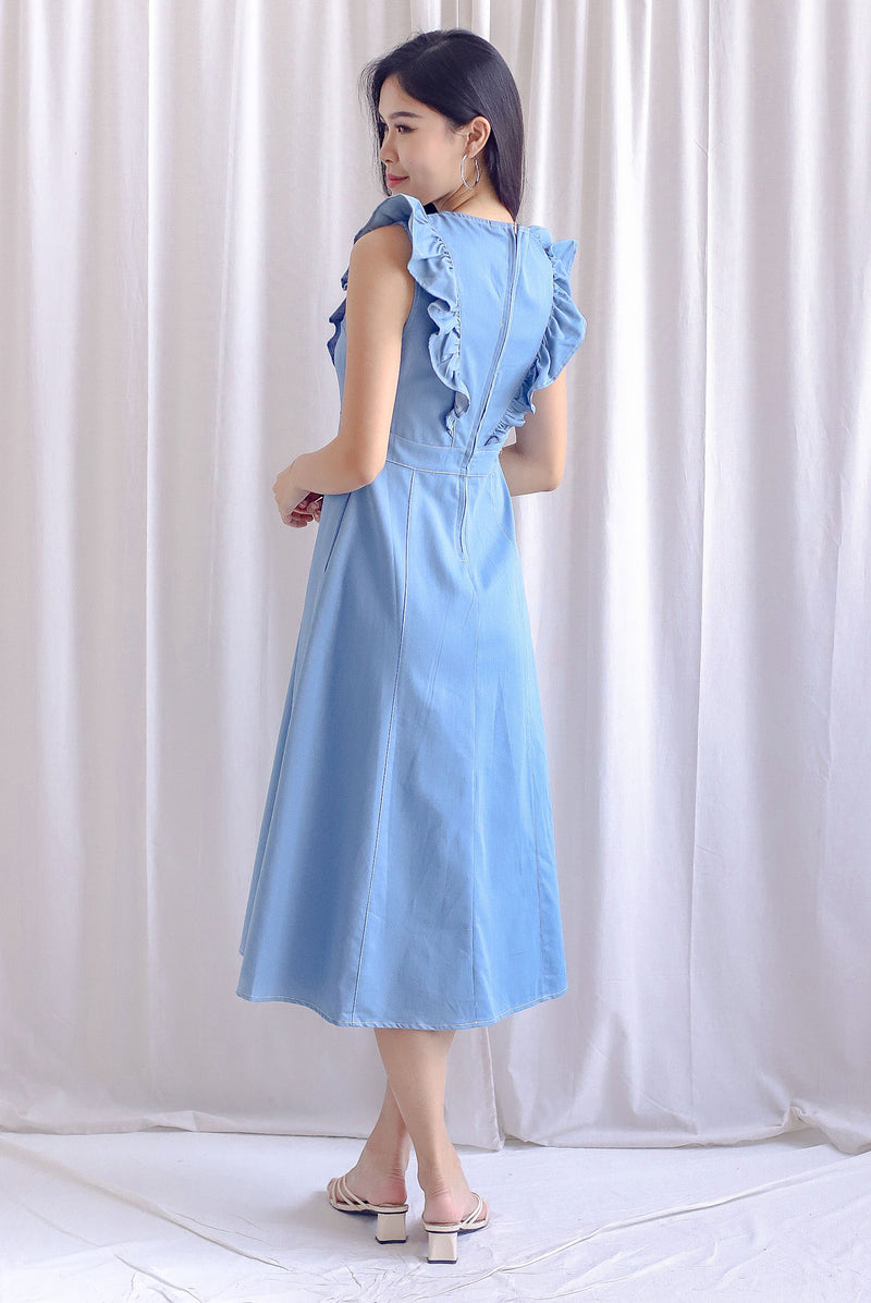 Paloma V Ruffle Denim Dress In Blue – The Design Closets