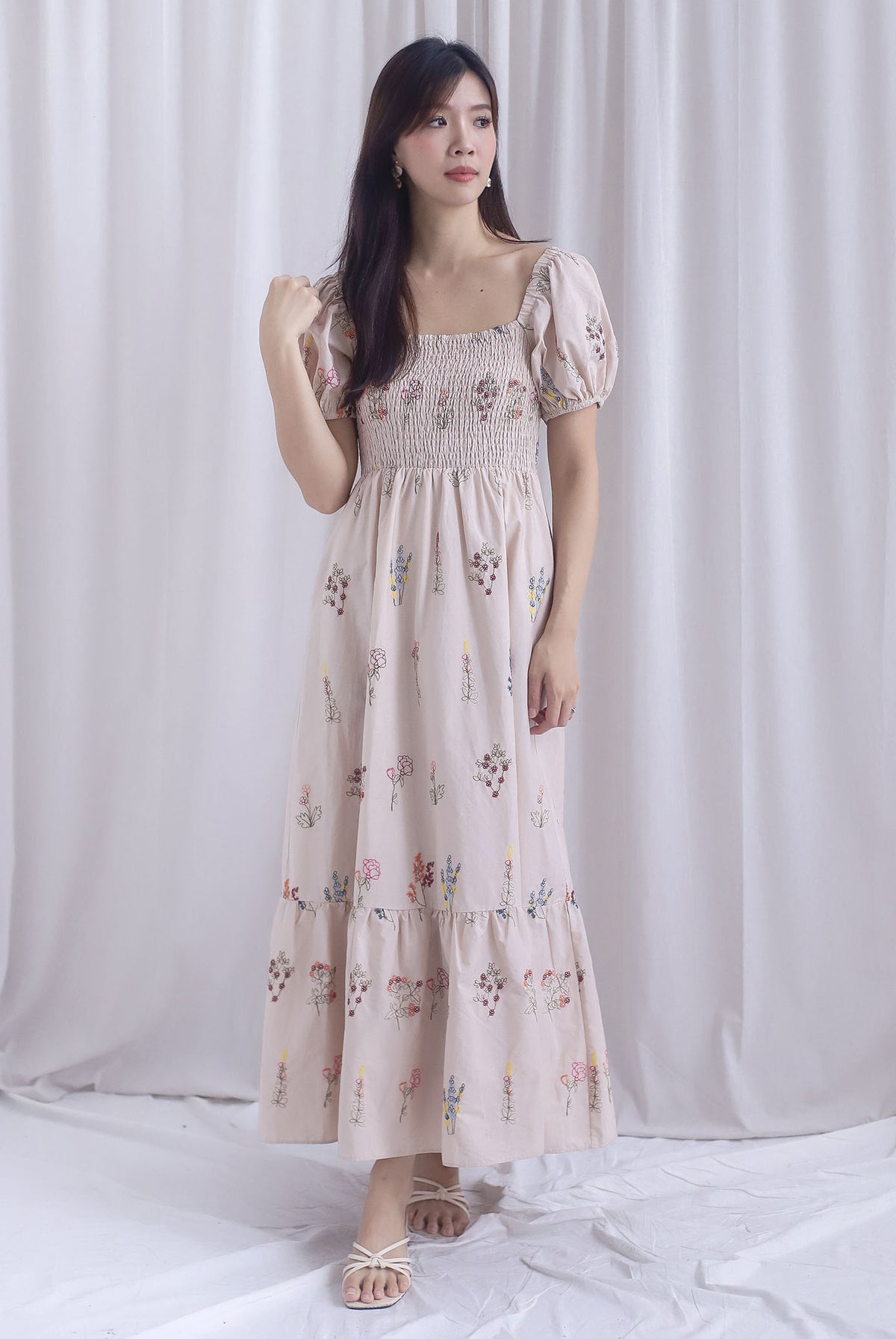 Parker Embro Puffy Sleeve Smocked Maxi Dress In Ecru