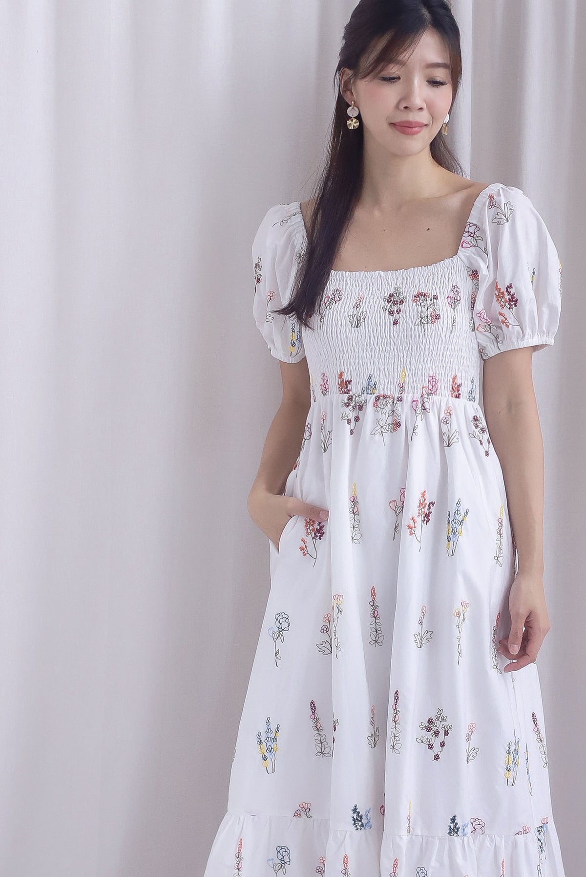 Parker Embro Puffy Sleeve Smocked Maxi Dress In White