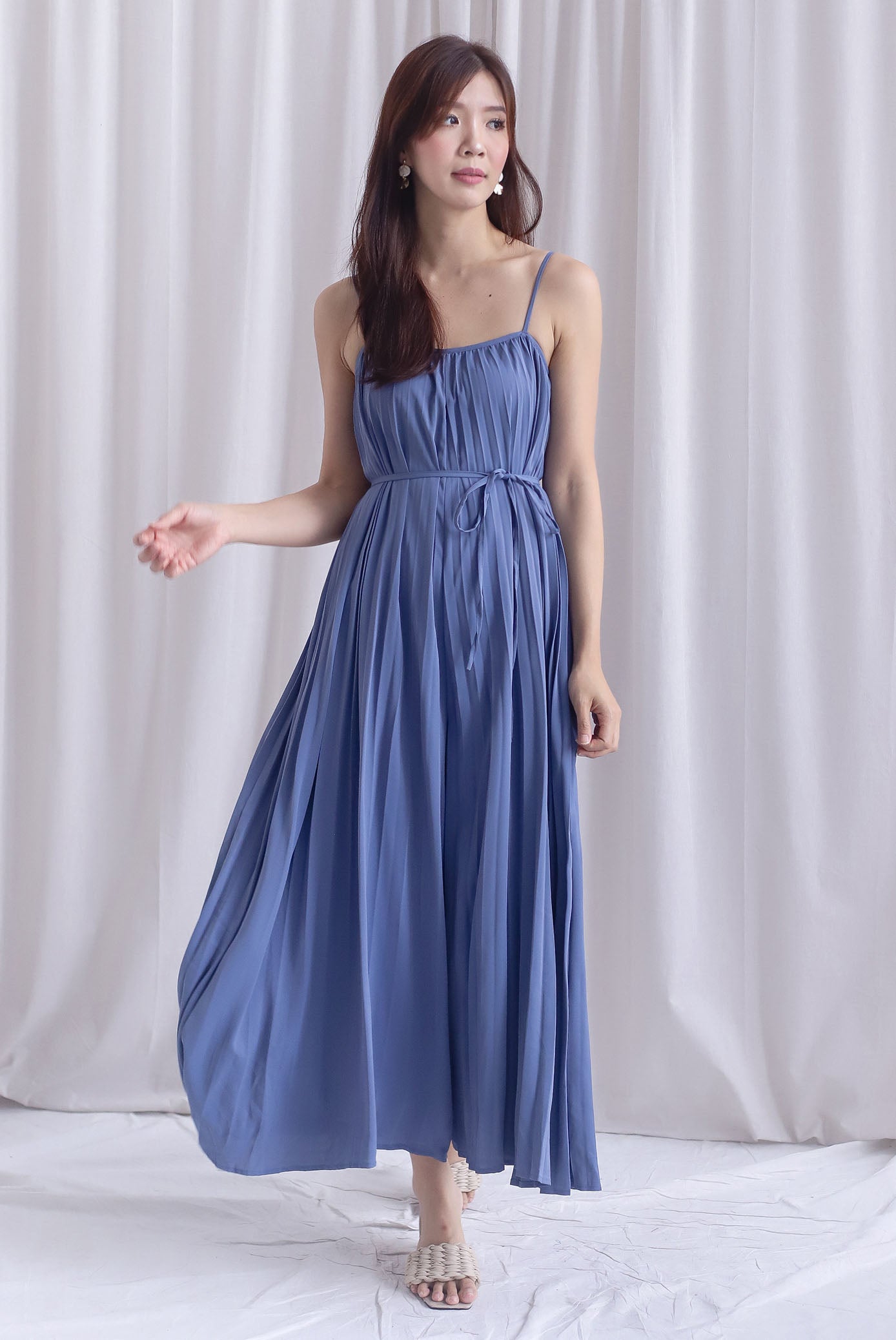 Penelope Multi Pleats Spag Jumpsuit In Steel Blue
