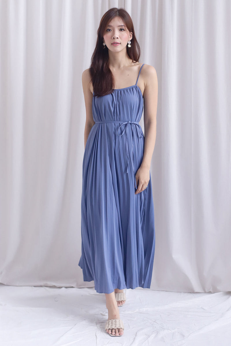 Penelope Multi Pleats Spag Jumpsuit In Steel Blue