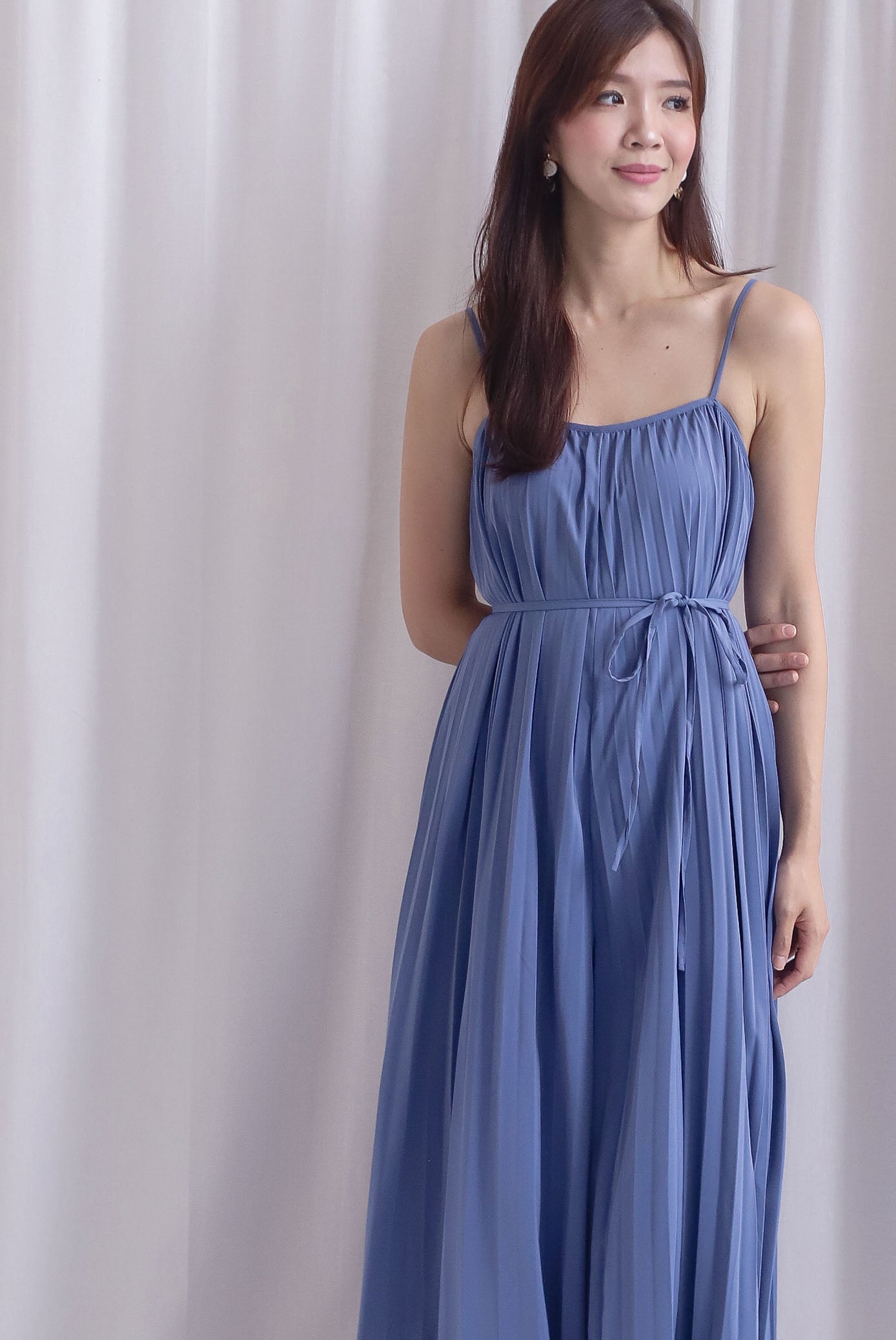 Penelope Multi Pleats Spag Jumpsuit In Steel Blue