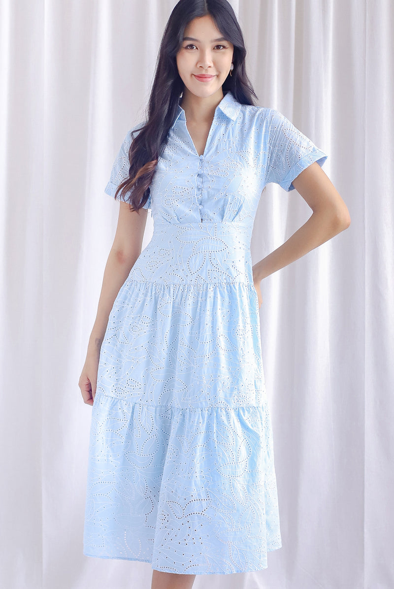 Penny Embro Eyelet Buttons Sleeved Dress In Blue – The Design Closets