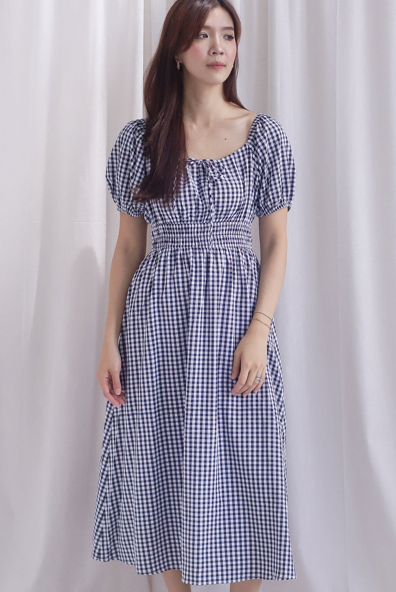 Poppy Puffy Sleeve Tie Front Midi Dress In Black Gingham