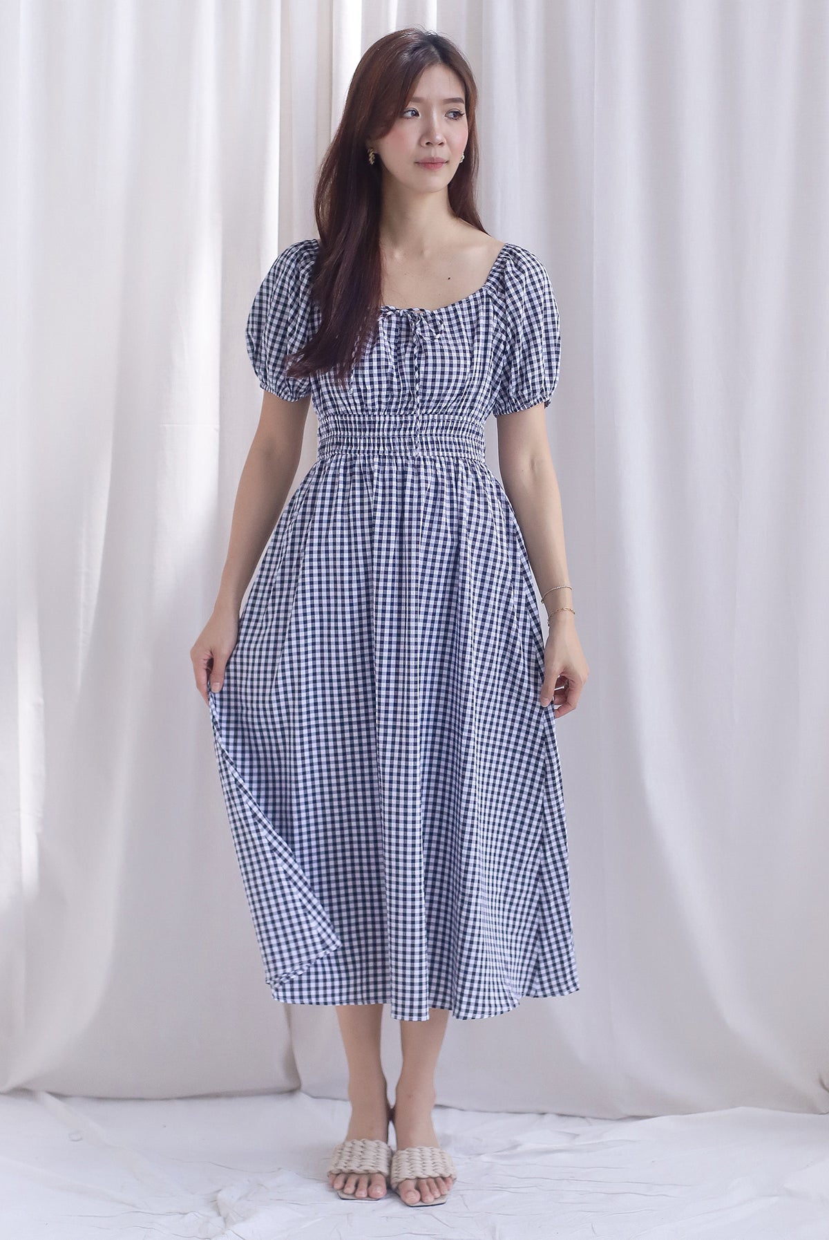 Poppy Puffy Sleeve Tie Front Midi Dress In Black Gingham