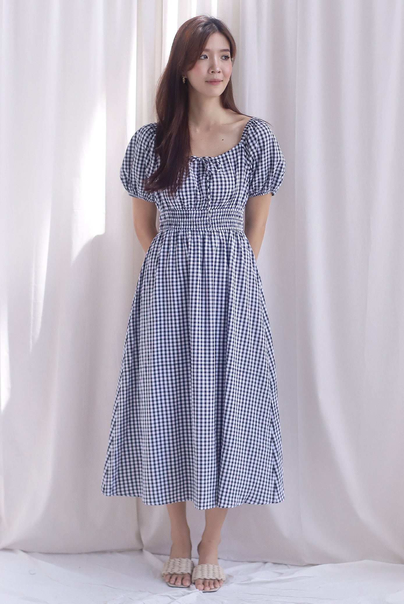 Poppy Puffy Sleeve Tie Front Midi Dress In Black Gingham