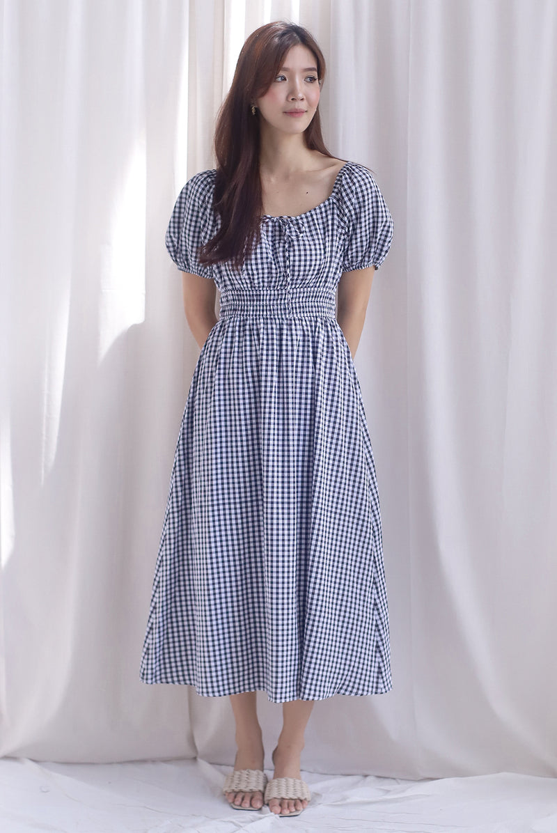 Poppy Puffy Sleeve Tie Front Midi Dress In Black Gingham