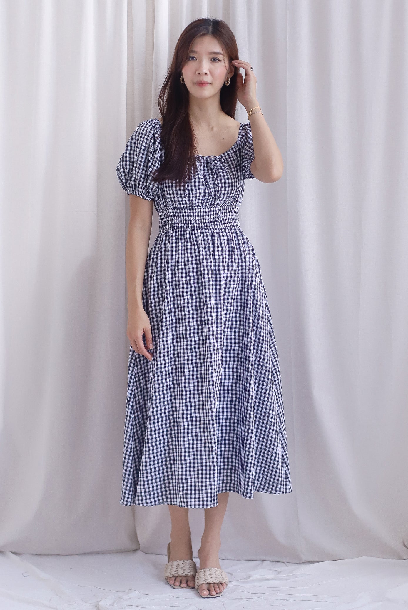 Poppy Puffy Sleeve Tie Front Midi Dress In Black Gingham