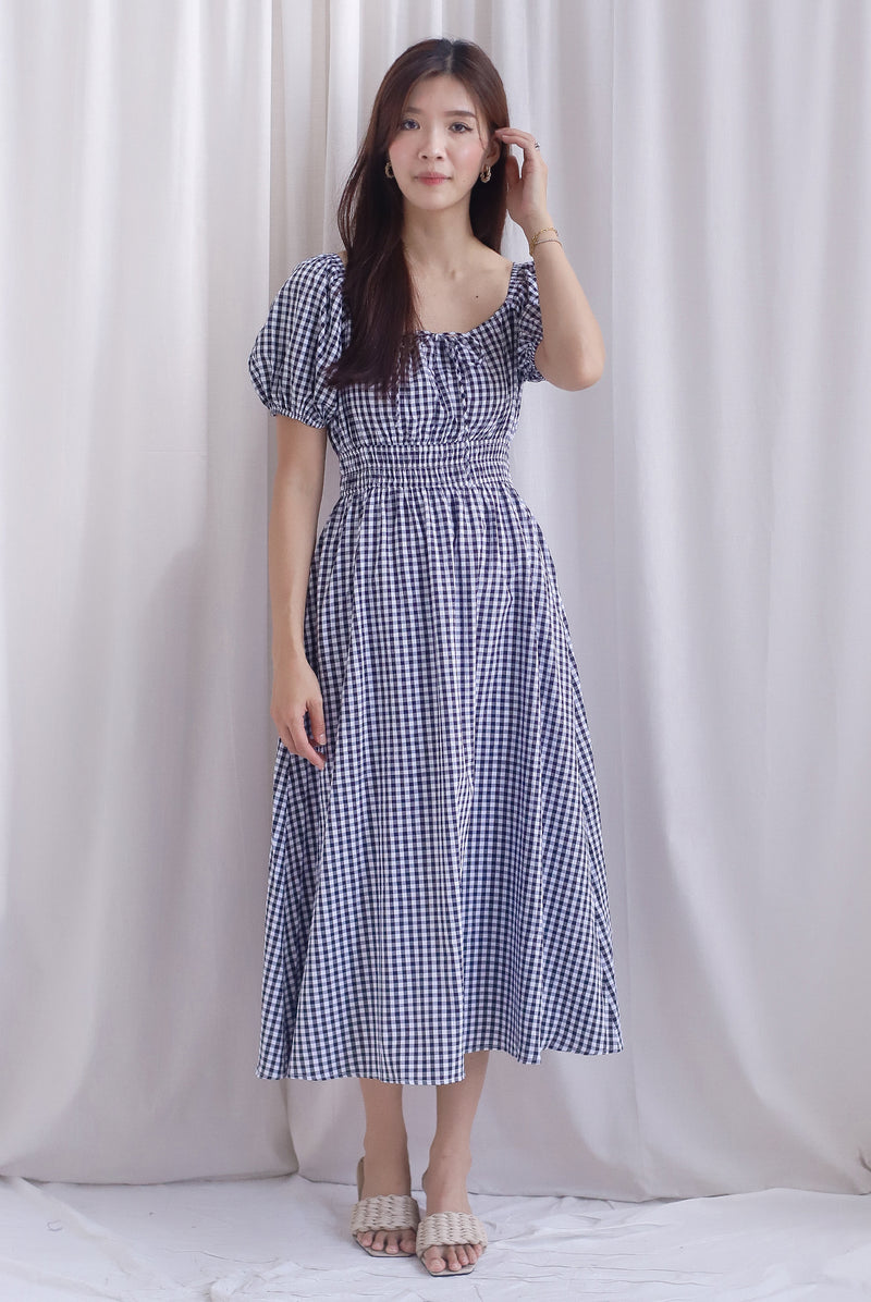 Poppy Puffy Sleeve Tie Front Midi Dress In Black Gingham
