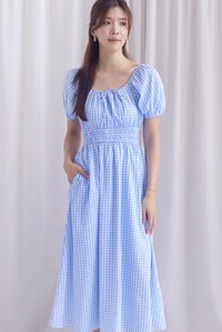 Poppy Puffy Sleeve Tie Front Midi Dress In Skyblue Gingham
