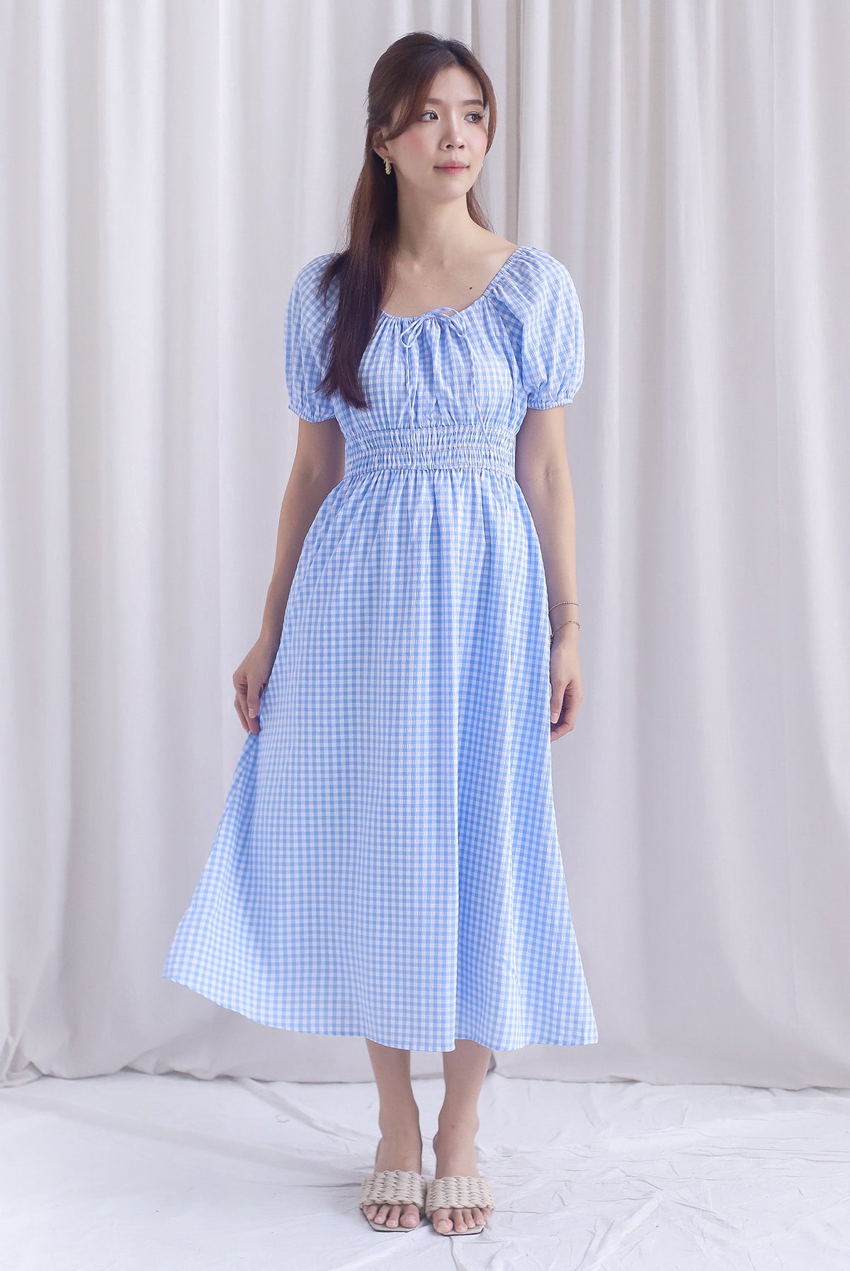 Poppy Puffy Sleeve Tie Front Midi Dress In Skyblue Gingham
