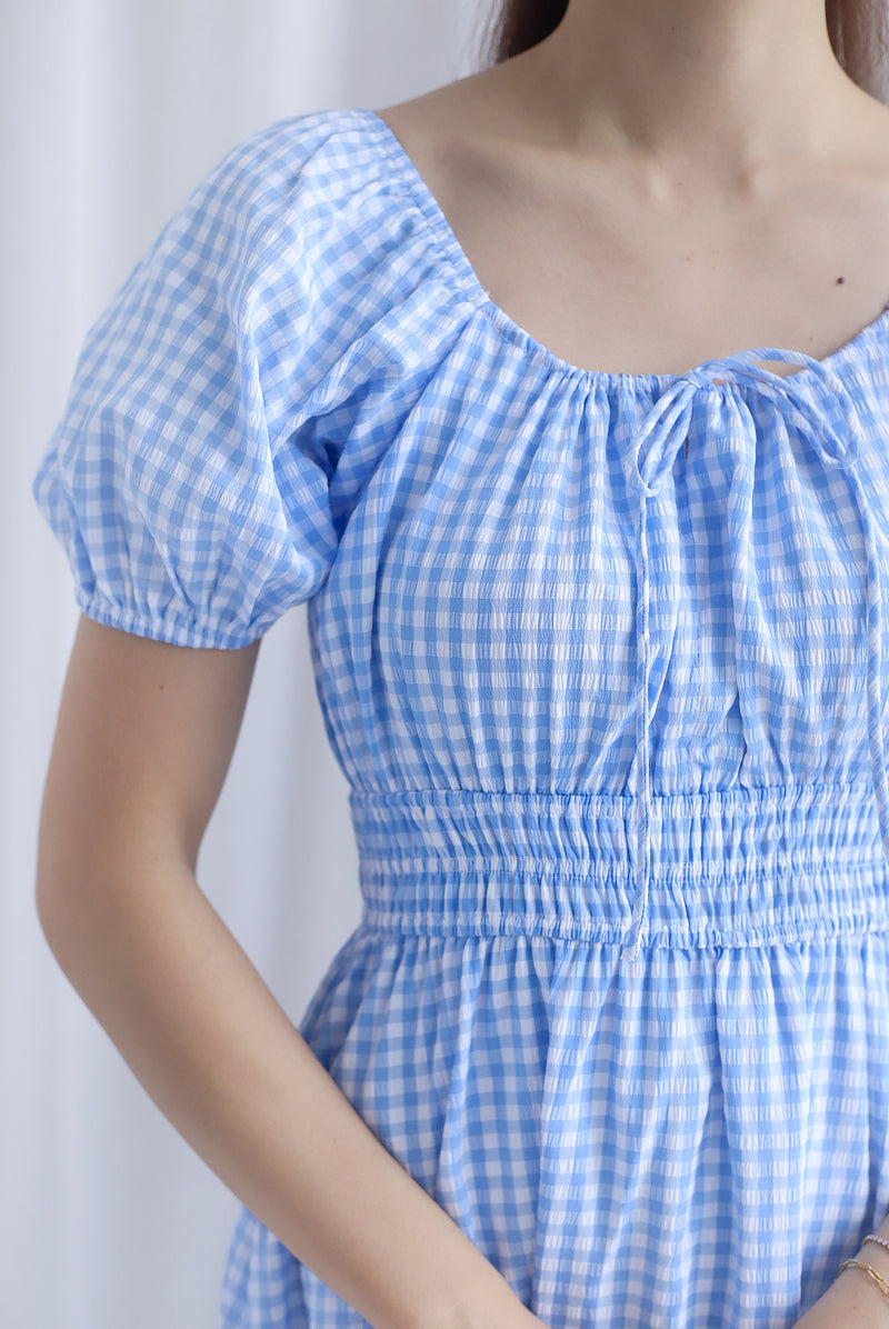 Poppy Puffy Sleeve Tie Front Midi Dress In Skyblue Gingham
