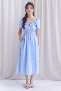 Poppy Puffy Sleeve Tie Front Midi Dress In Skyblue Gingham