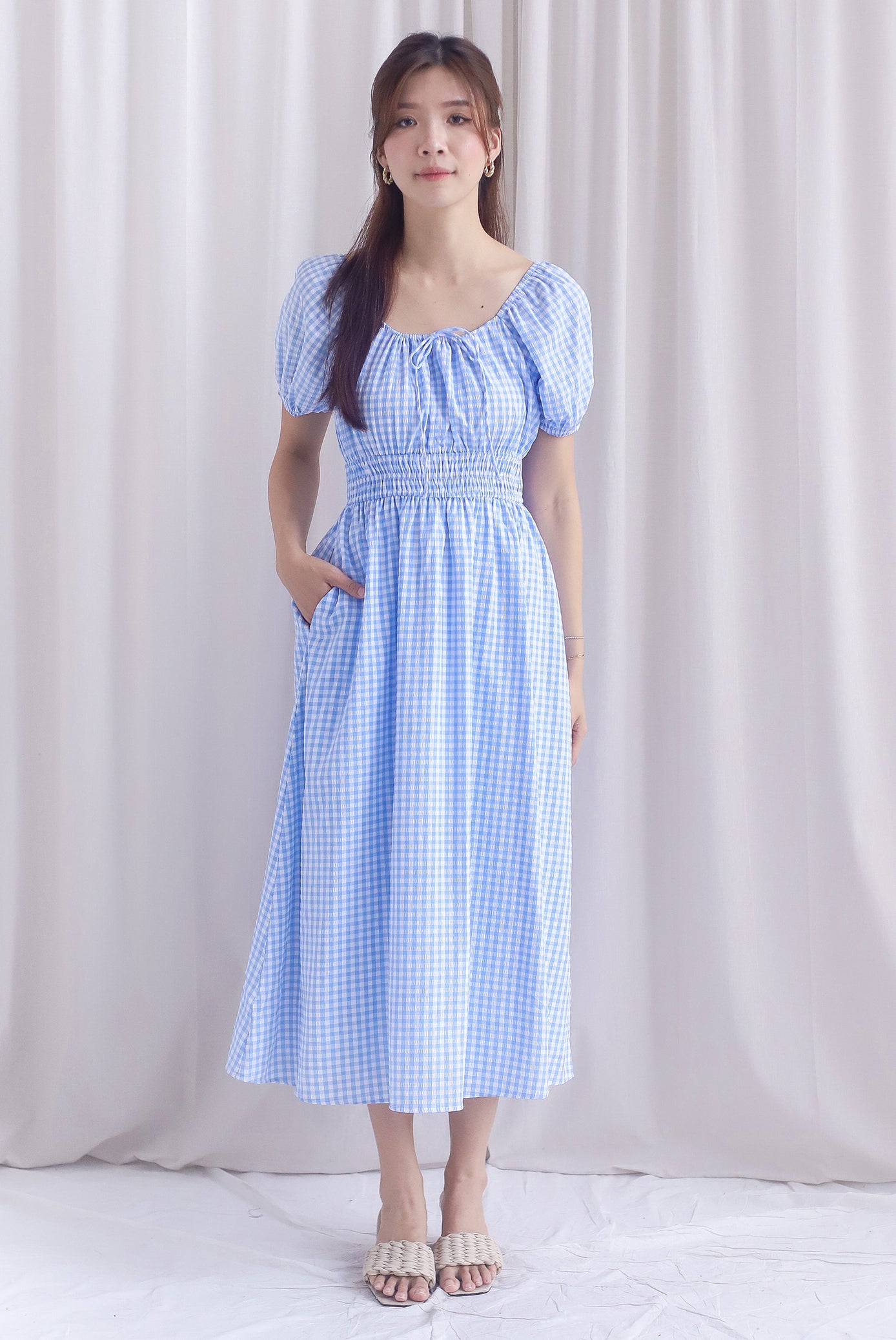 Poppy Puffy Sleeve Tie Front Midi Dress In Skyblue Gingham