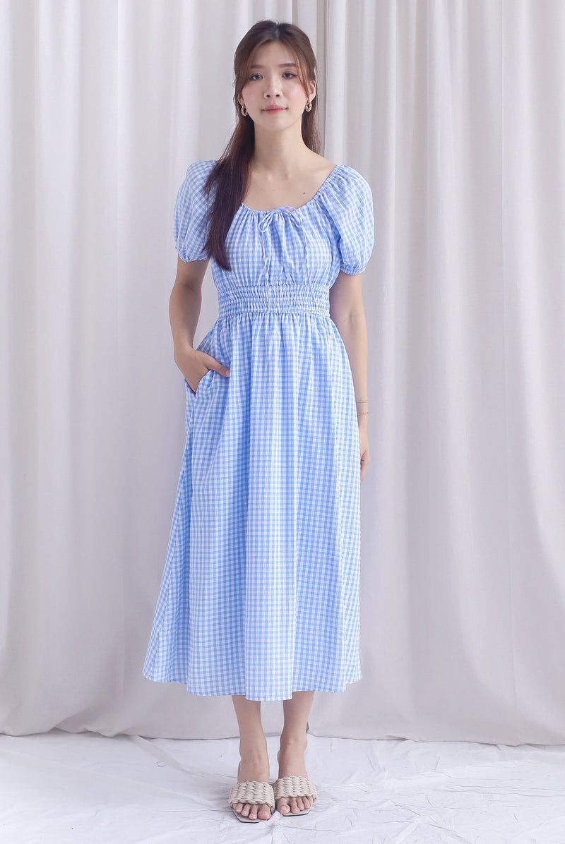Poppy Puffy Sleeve Tie Front Midi Dress In Skyblue Gingham
