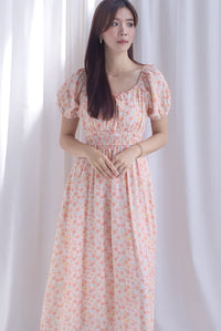 Poppy Puffy Sleeve Tie Front Midi Dress In Orange Floral