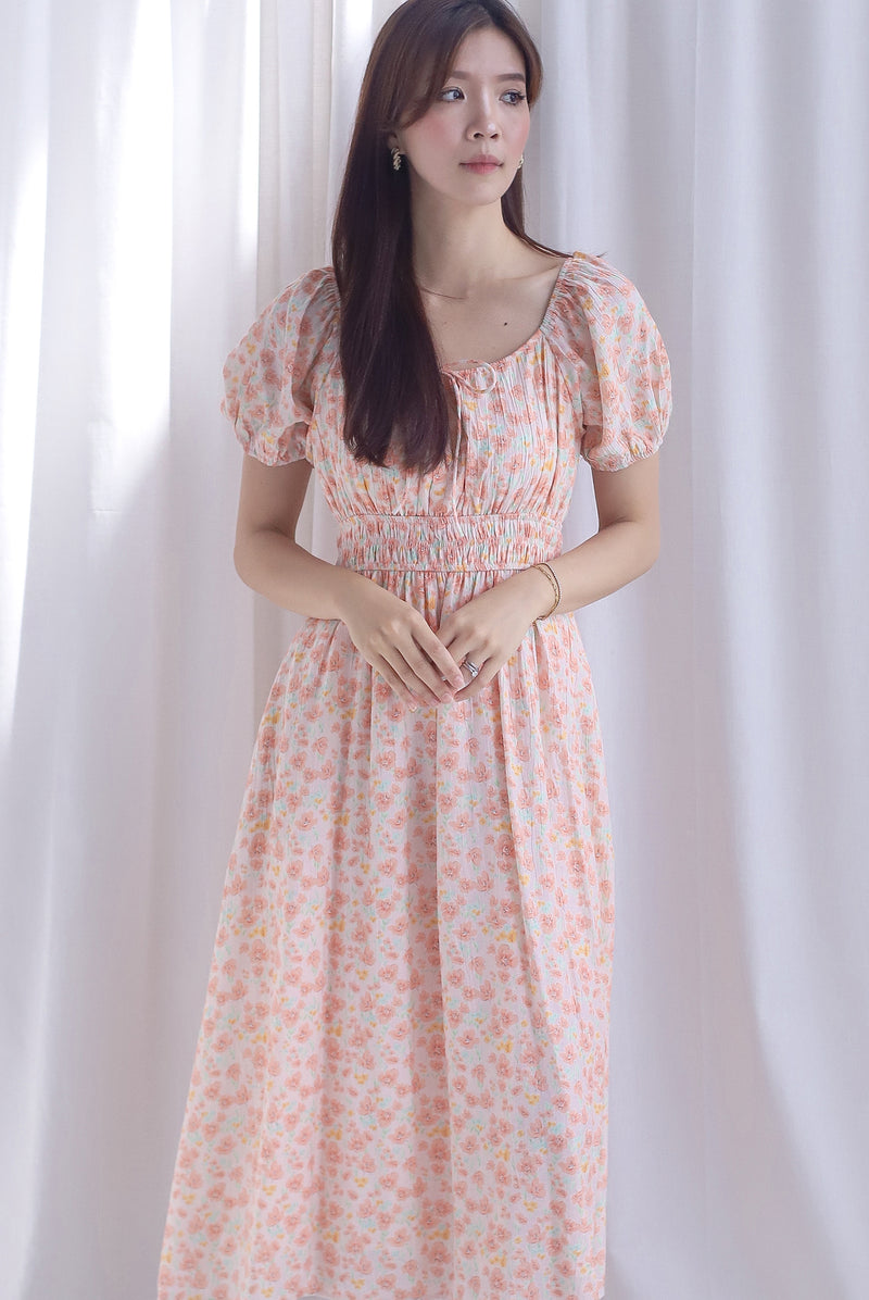 Poppy Puffy Sleeve Tie Front Midi Dress In Orange Floral