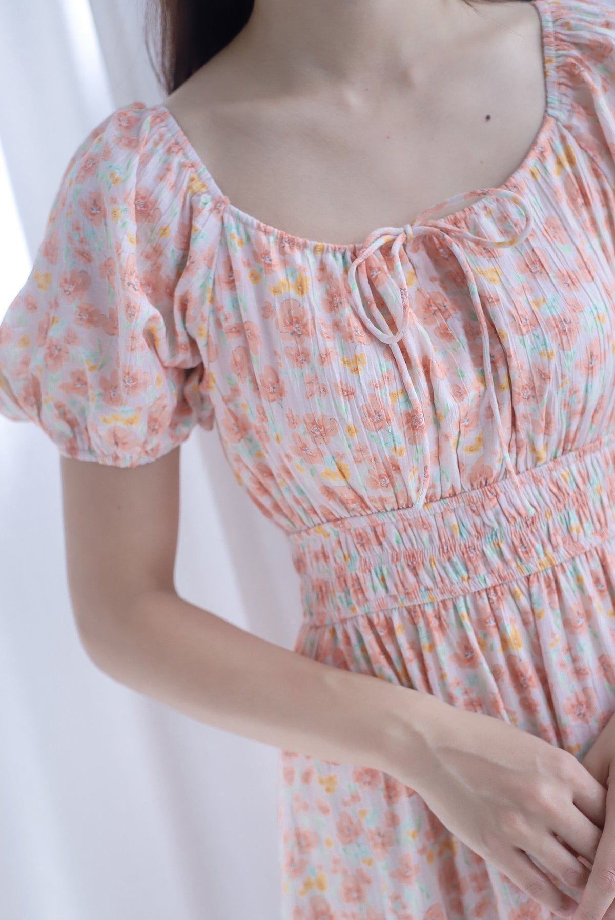 Poppy Puffy Sleeve Tie Front Midi Dress In Orange Floral