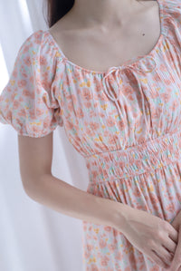 Poppy Puffy Sleeve Tie Front Midi Dress In Orange Floral