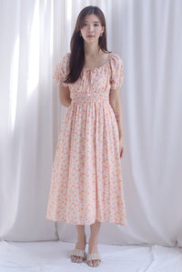 Poppy Puffy Sleeve Tie Front Midi Dress In Orange Floral